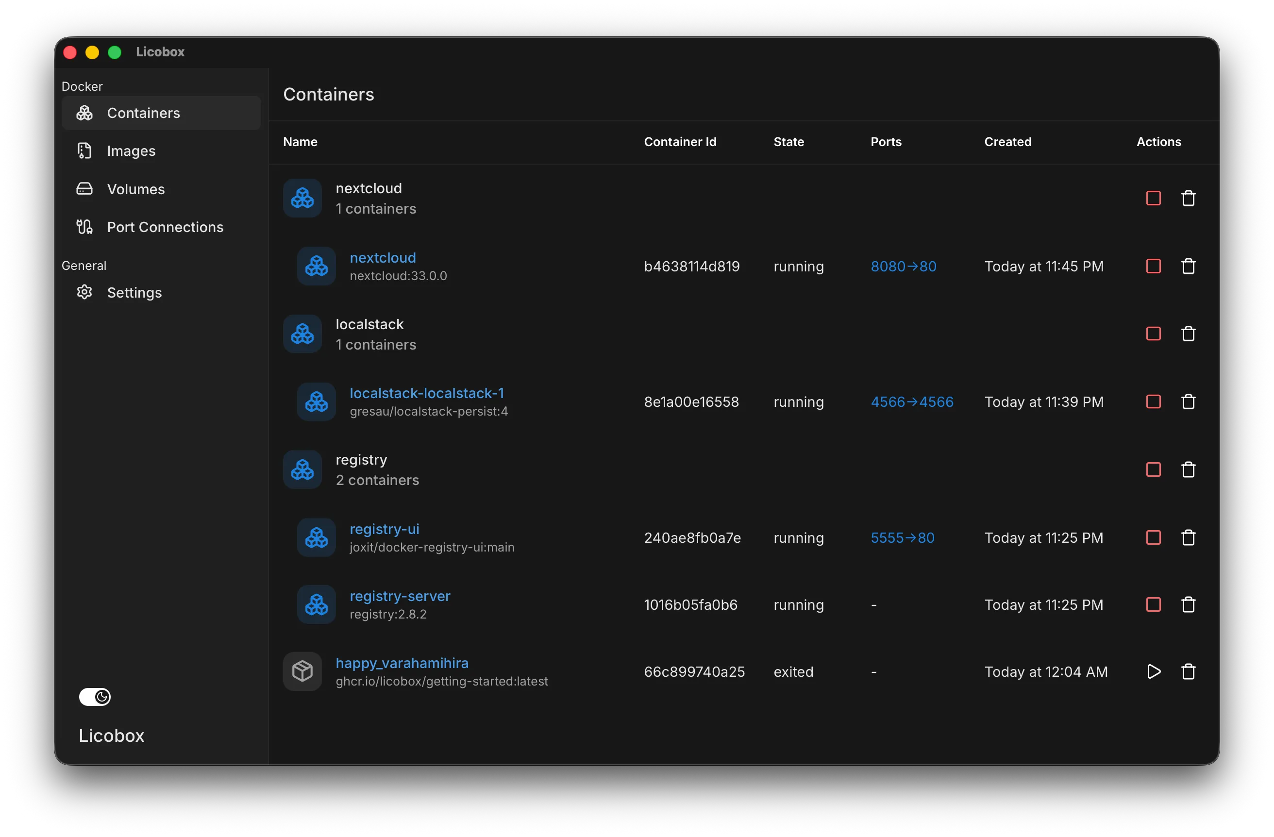 Detail container info.