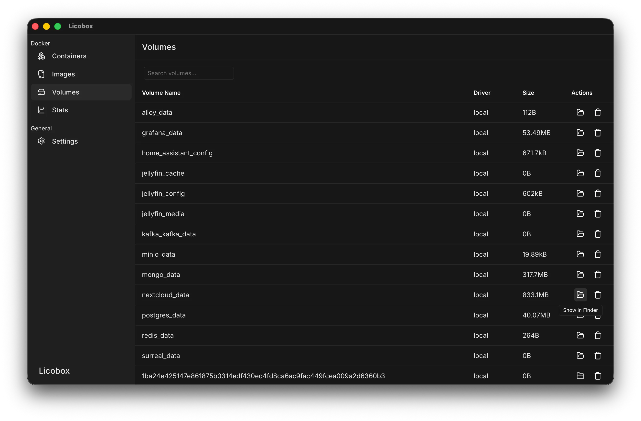 Show a Docker volume in Finder from Licobox.
